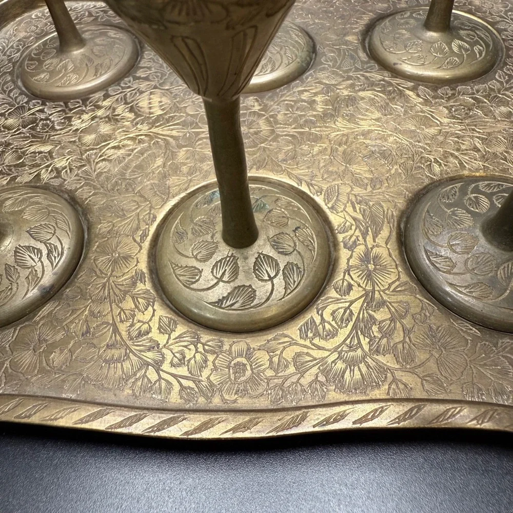 Vintage Brass Shot‎ Glasses Set with Etched Tray Made in India